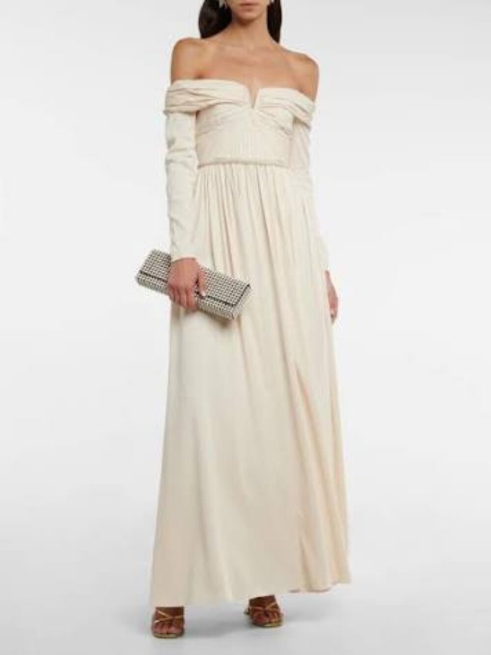 Self Portrait size 0 Women's Cream Stretch Off-Shoulder Crepe Maxi Gown Dress